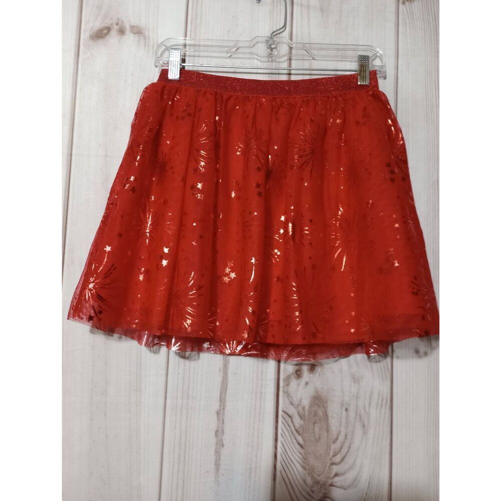 Cat and Jack Skirt Girls Extra Large Red Fireworks Stars Mesh Shimmer